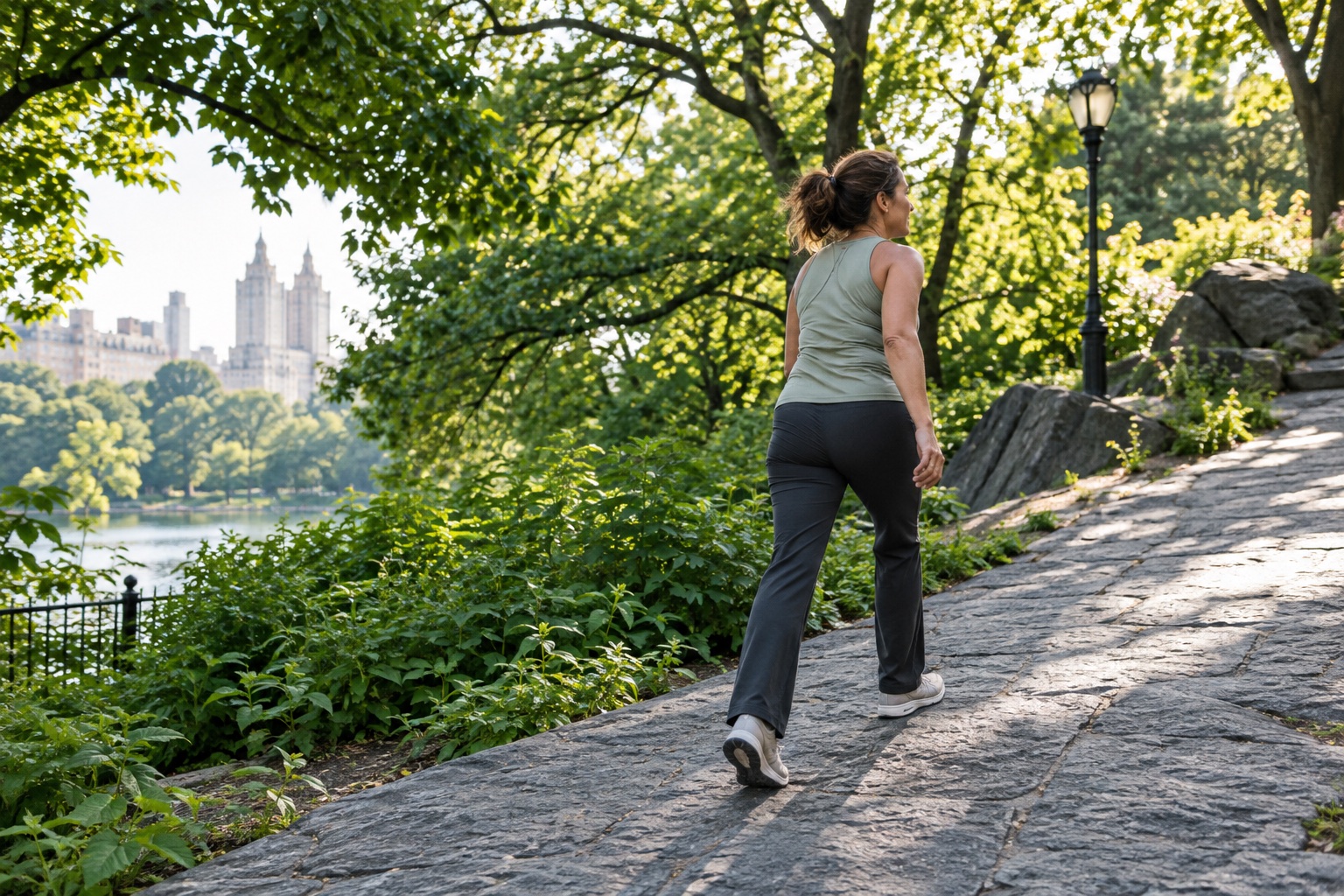 A woman walking uphill on a green park trail